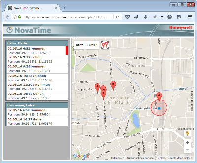 NovaTime Terminal App mit Geo-Positionen